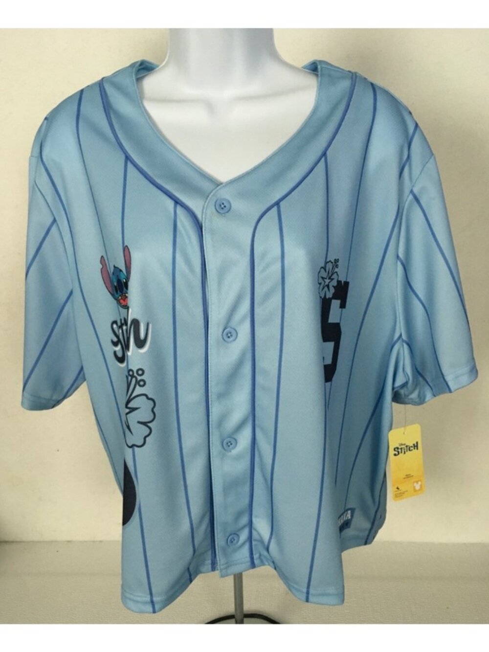 Disney Women Baseball Jersey Size L Blue Stripe with Stitch V neck New w Tags